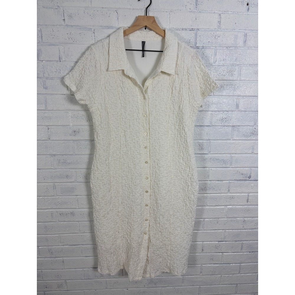 Anthropologie Short Sleeve Collared Textured Midi Shirt Dress Womens XLP White